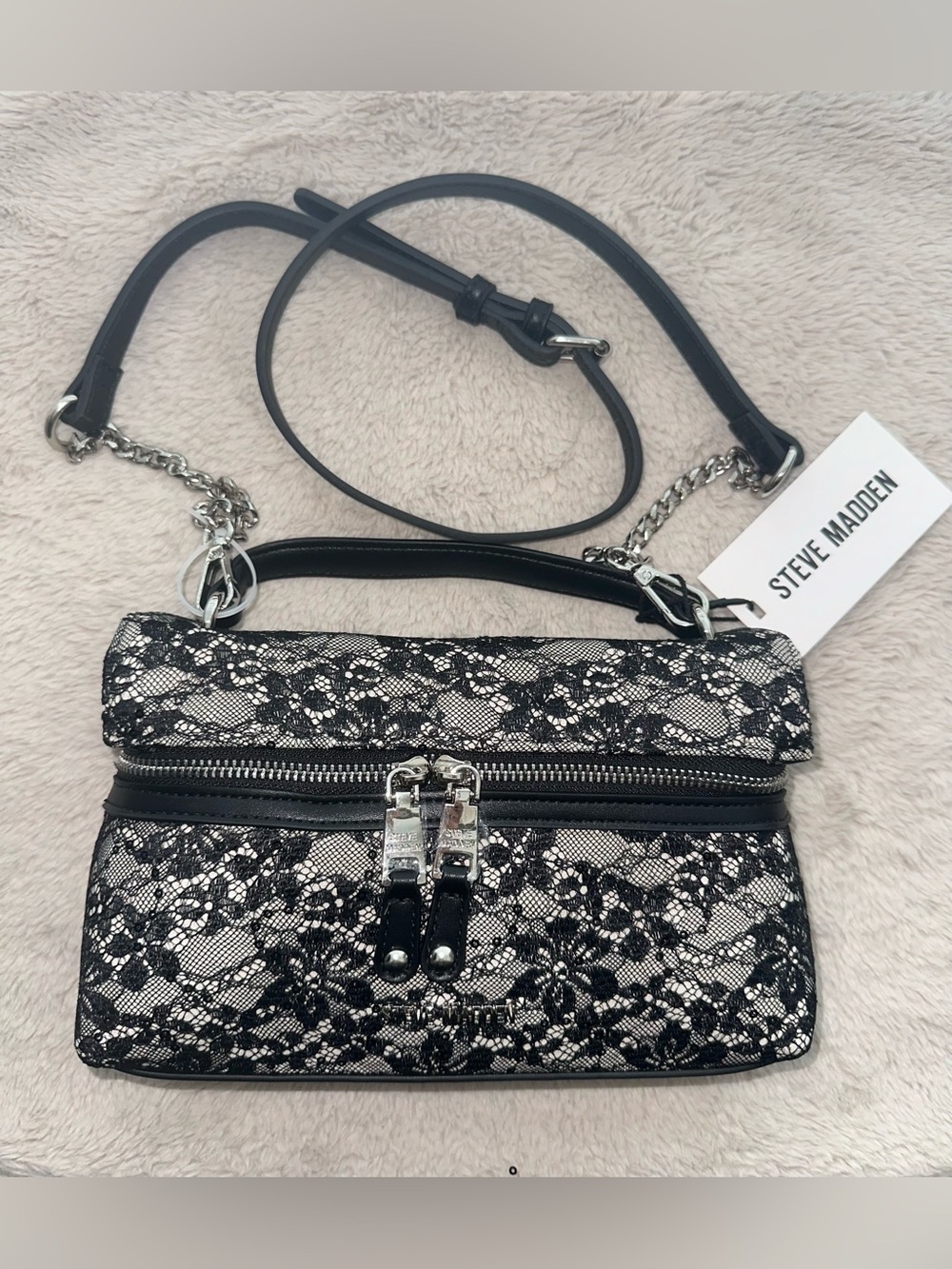 Steve Madden Black Lace Sequin Top Handle Crossbody Bag Purse